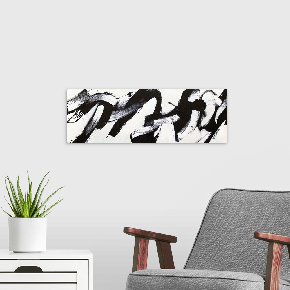 A modern room featuring Contemporary abstract painting of bold black strokes of paint in fluid movements against a white ...