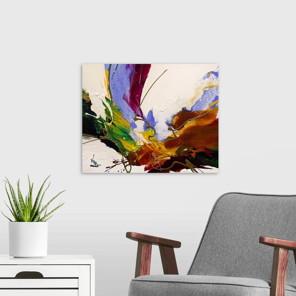 A modern room featuring Contemporary abstract painting using a convergence of textures and tones spanning the gamut of co...