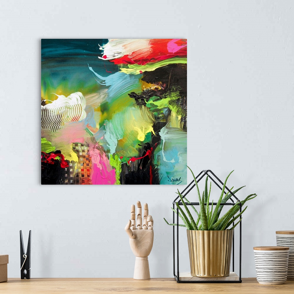 A bohemian room featuring This square abstract artwork was created by a contemporary artist and uses a variety of brushstro...