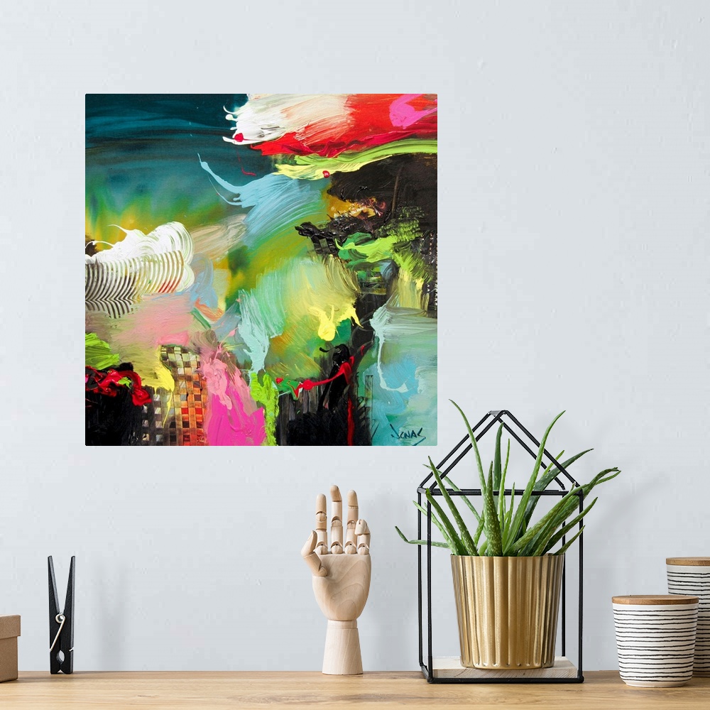 A bohemian room featuring This square abstract artwork was created by a contemporary artist and uses a variety of brushstro...