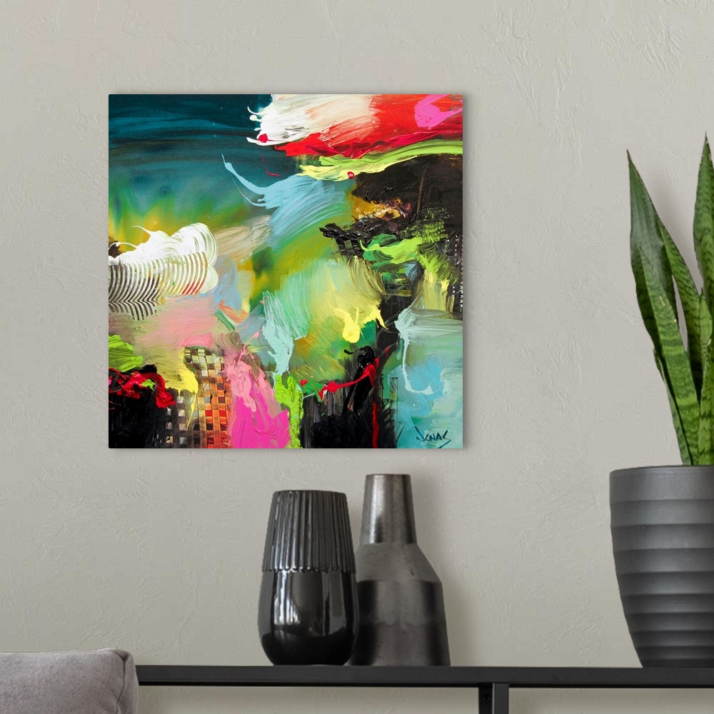 A modern room featuring This square abstract artwork was created by a contemporary artist and uses a variety of brushstro...
