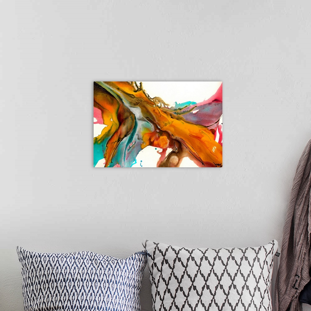 A bohemian room featuring A horizontal abstract painting of torrent of colors splattering on a canvas.