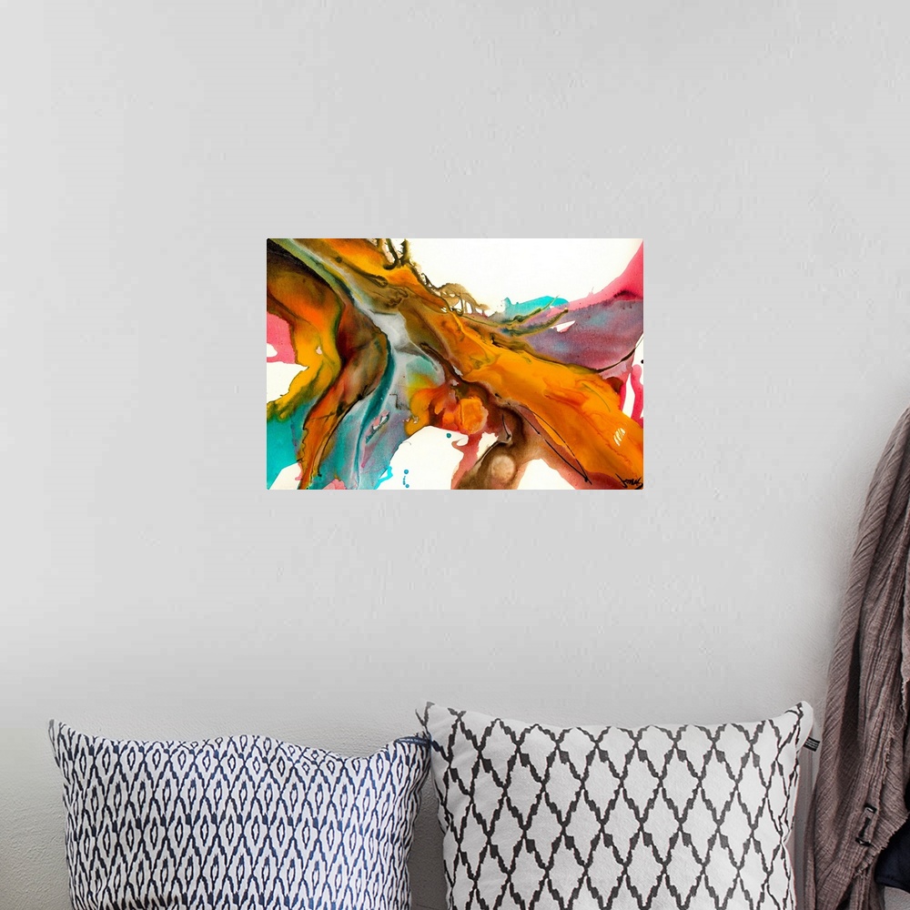 A bohemian room featuring A horizontal abstract painting of torrent of colors splattering on a canvas.