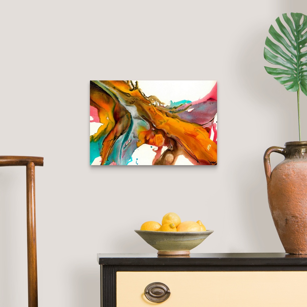 A traditional room featuring A horizontal abstract painting of torrent of colors splattering on a canvas.