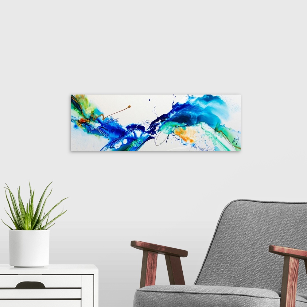 A modern room featuring Contemporary abstract painting using vibrant colors converging toward the center of the image in ...