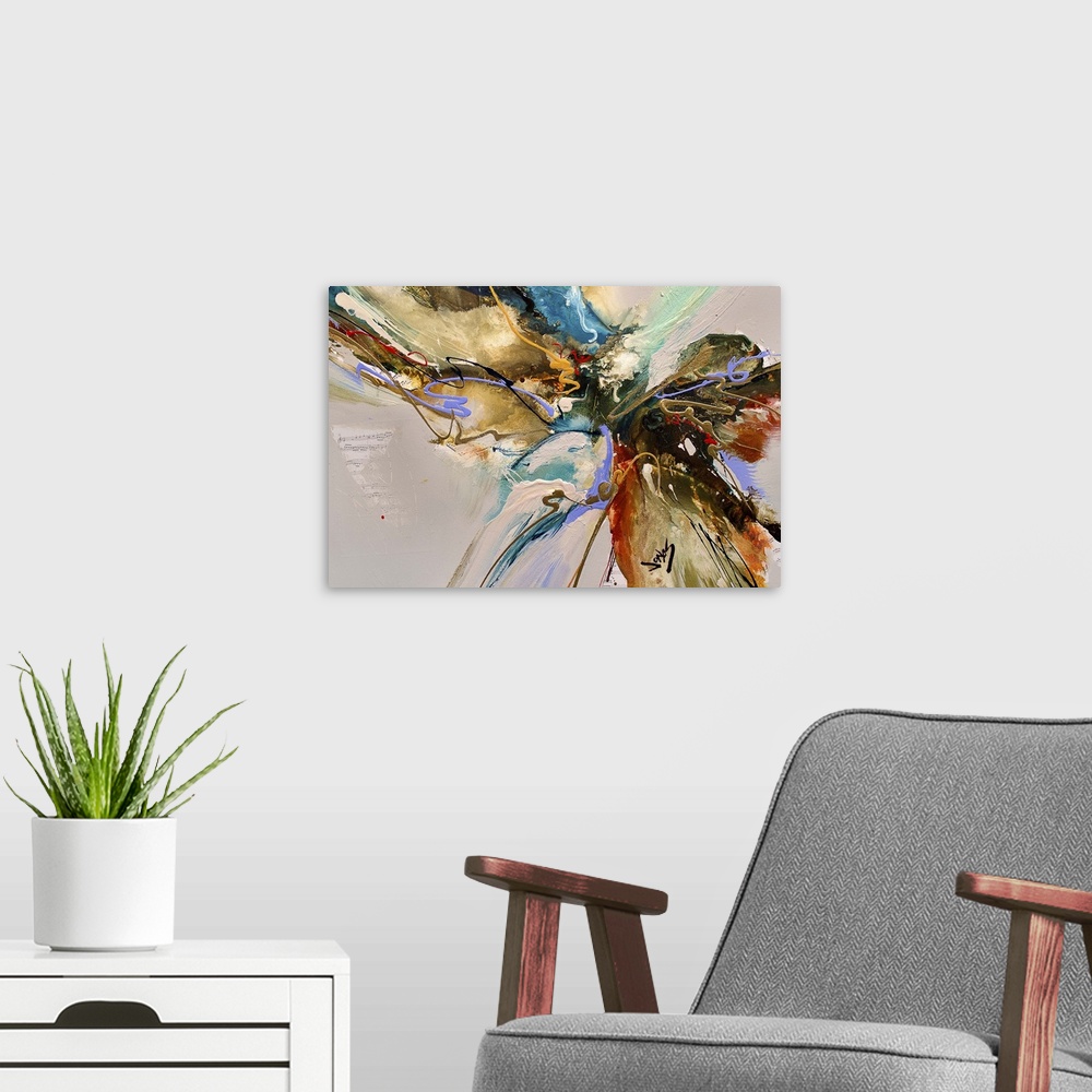A modern room featuring A contemporary abstract painting of a convergence of wild colors and textures against a light gra...