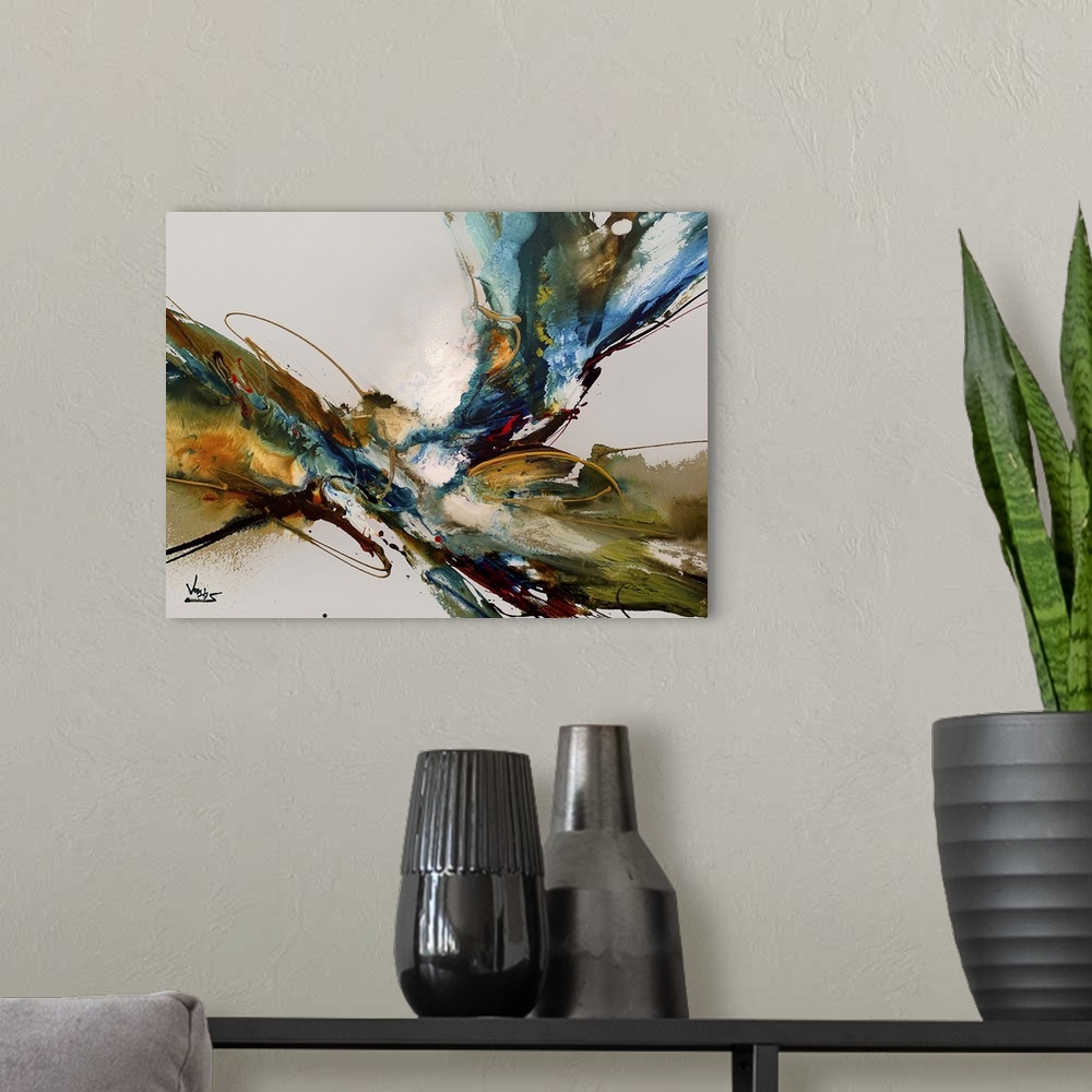 A modern room featuring A contemporary abstract painting using a wide spectrum of color and texture converging toward the...