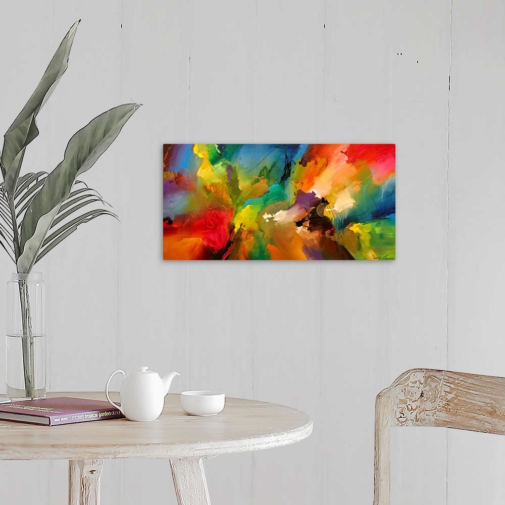 A farmhouse room featuring A large abstract painting displaying a multitude of colors and a variety of different textures.