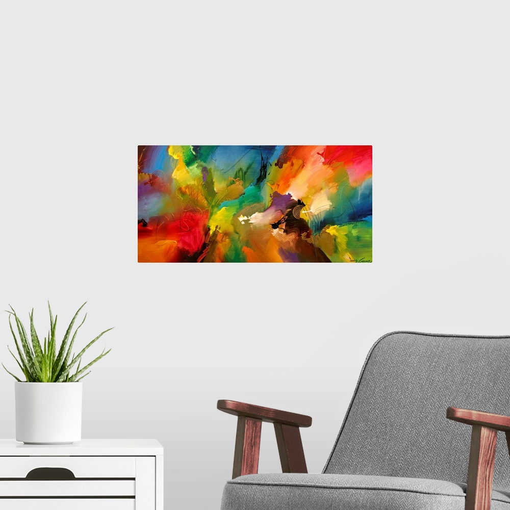 A modern room featuring A large abstract painting displaying a multitude of colors and a variety of different textures.