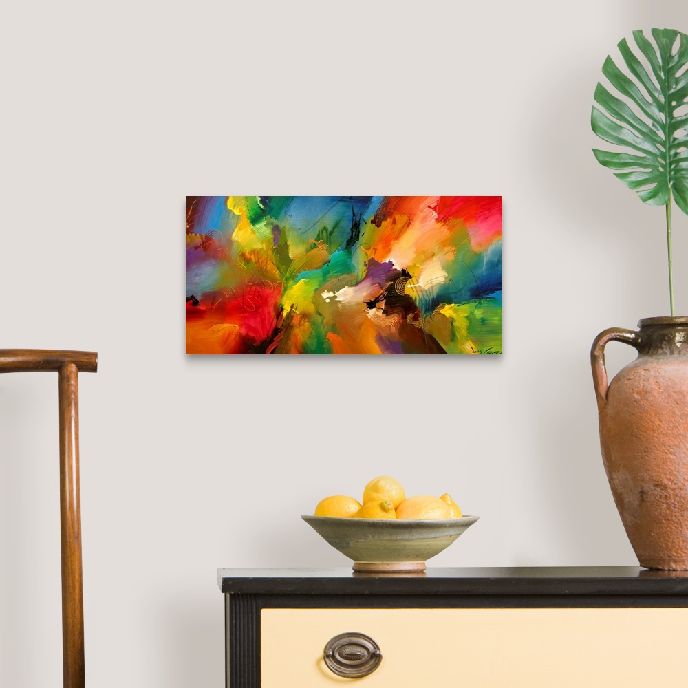 A traditional room featuring A large abstract painting displaying a multitude of colors and a variety of different textures.