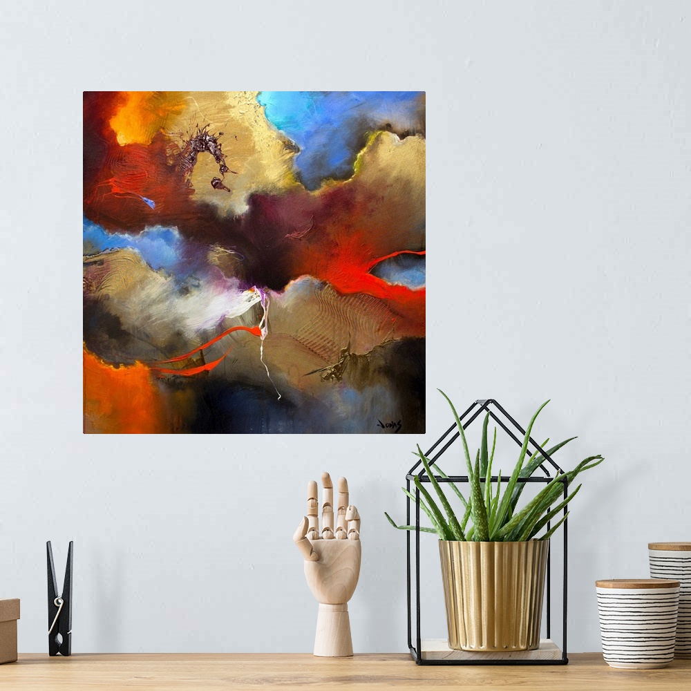 A bohemian room featuring Abstract artwork that uses various colors in cloud shapes across this square print.