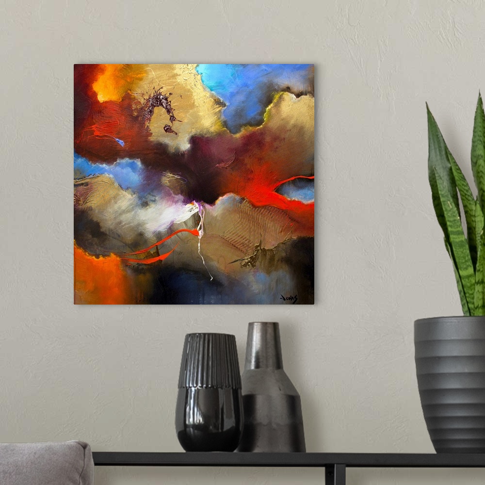 A modern room featuring Abstract artwork that uses various colors in cloud shapes across this square print.