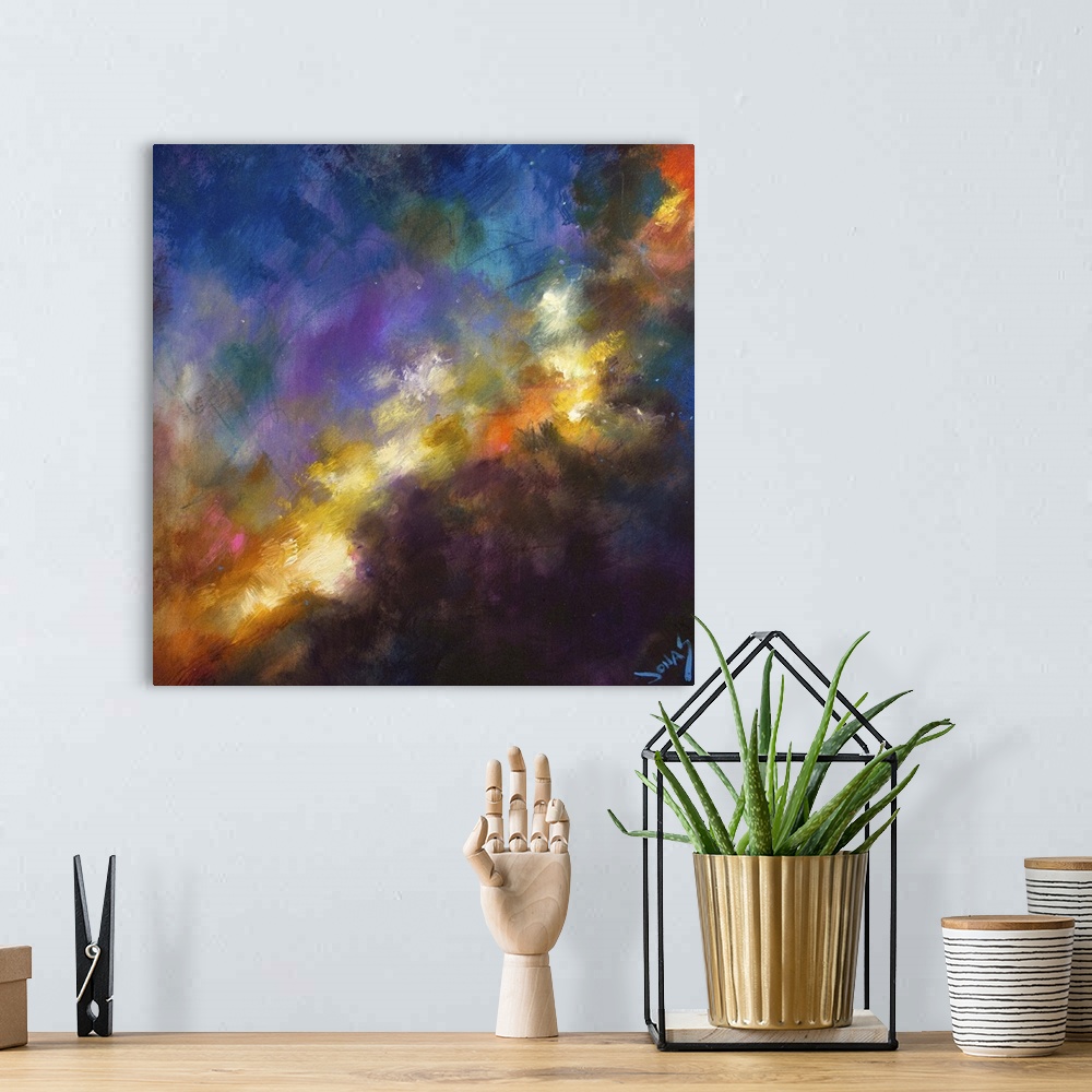 A bohemian room featuring Contemporary abstract painting using wild and vivid colors resembling a nebulae.