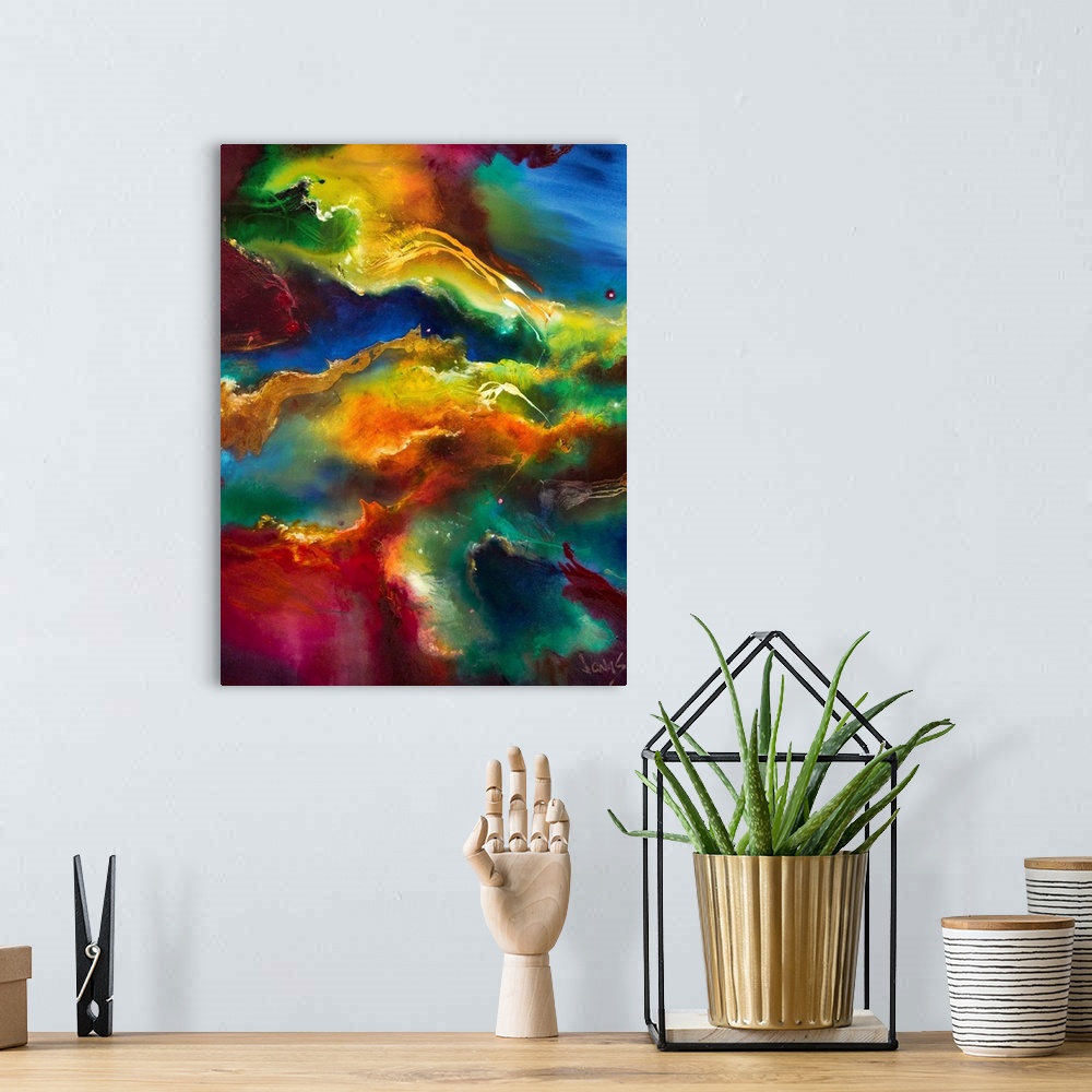 A bohemian room featuring This abstract painting is an intense swirling blend of a vivid rainbow of colors. The artwork is ...