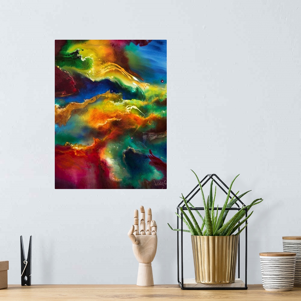 A bohemian room featuring This abstract painting is an intense swirling blend of a vivid rainbow of colors. The artwork is ...