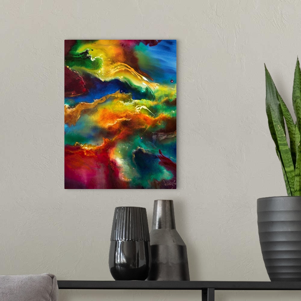 A modern room featuring This abstract painting is an intense swirling blend of a vivid rainbow of colors. The artwork is ...