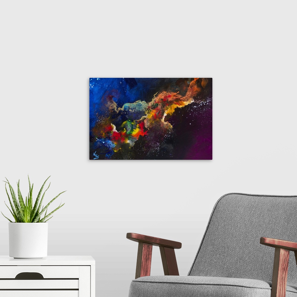 A modern room featuring Contemporary abstract painting using wild and vivid colors resembling a nebulae.