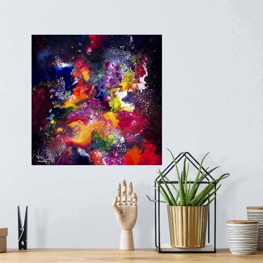 A bohemian room featuring Contemporary abstract painting using a spectrum of color and spattered paint resembling a cosmic ...
