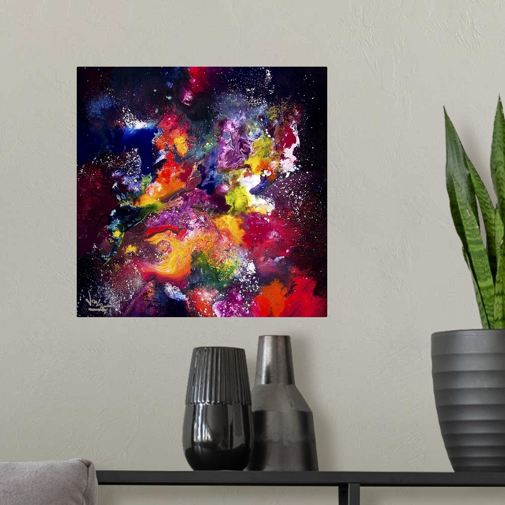 A modern room featuring Contemporary abstract painting using a spectrum of color and spattered paint resembling a cosmic ...