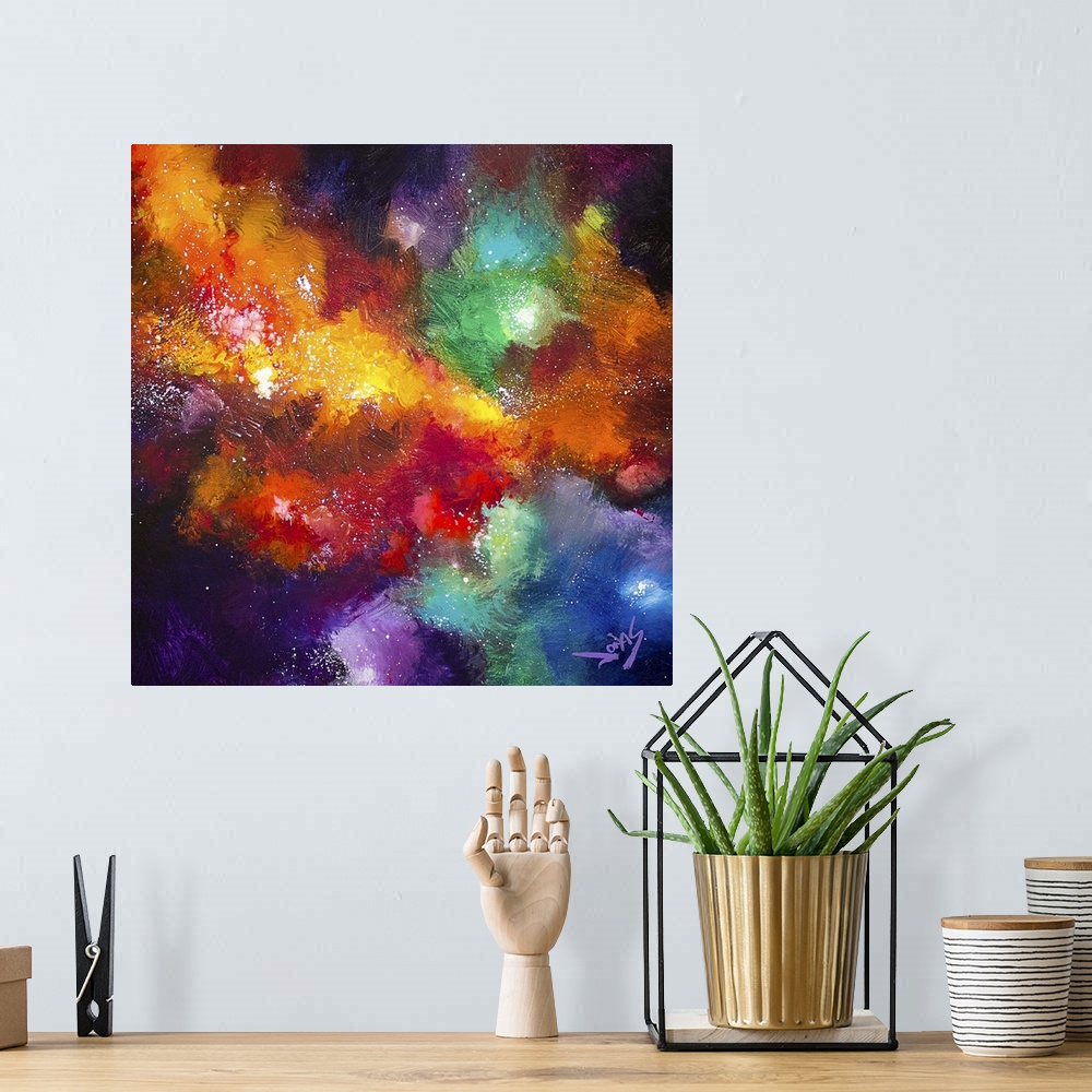 A bohemian room featuring Contemporary abstract painting using a spectrum of color and spattered paint resembling a cosmic ...