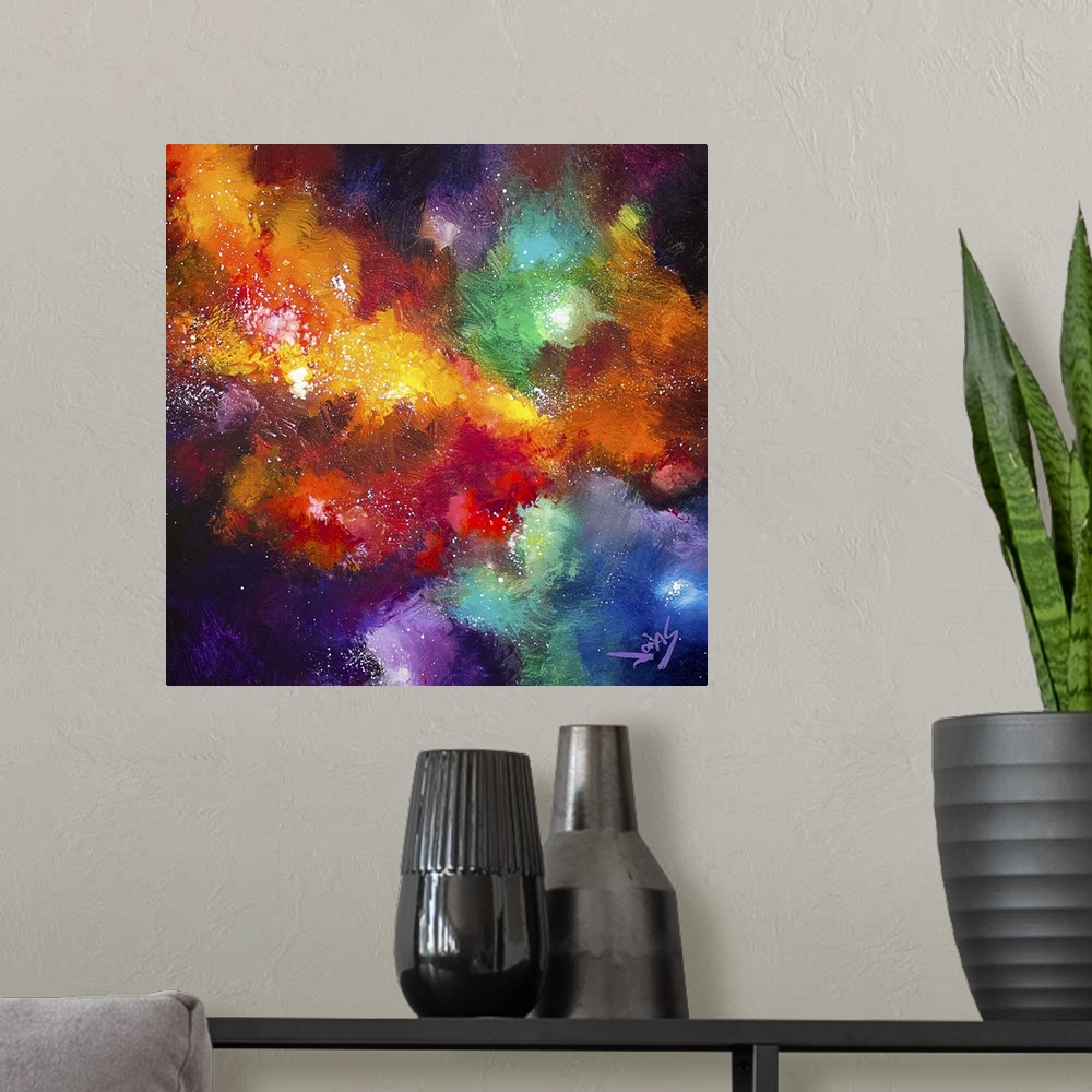 A modern room featuring Contemporary abstract painting using a spectrum of color and spattered paint resembling a cosmic ...
