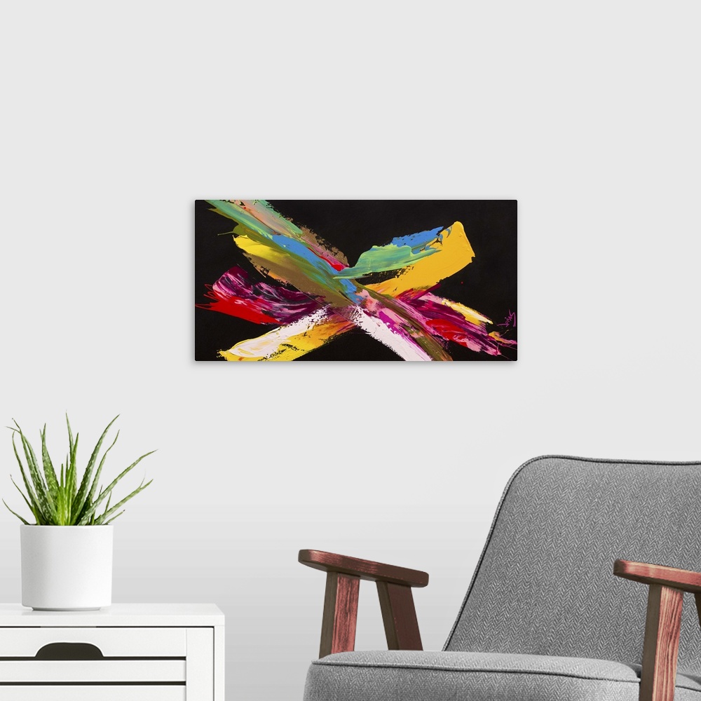 A modern room featuring A contemporary abstract painting using wide aggressive strokes of colorful paint against a black ...