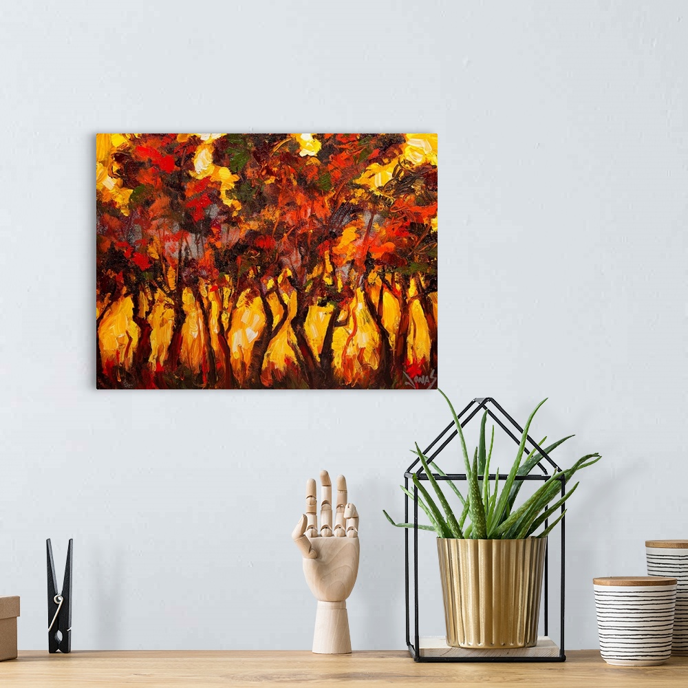 A bohemian room featuring Contemporary artwork for the home or office of trees that have various colors painted for leaves ...
