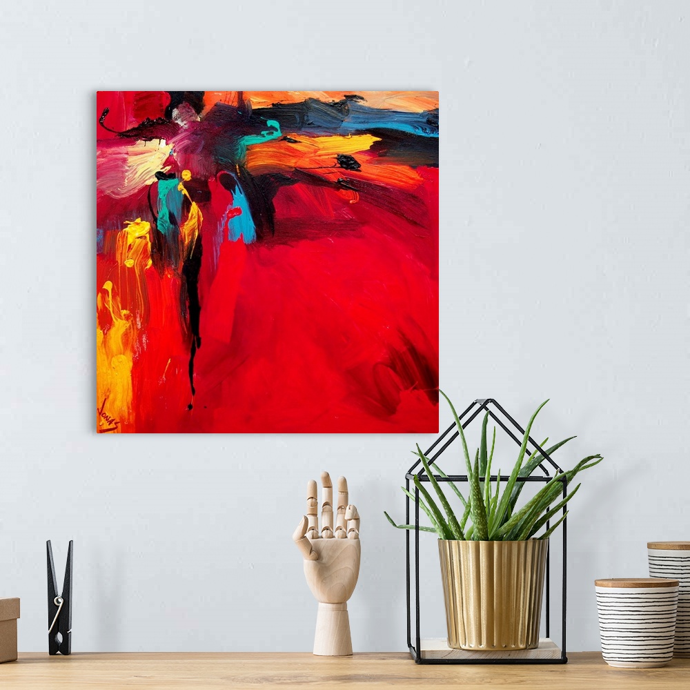A bohemian room featuring Exciting contemporary painting with wild, bold brushstrokes emanating from the top left corner an...