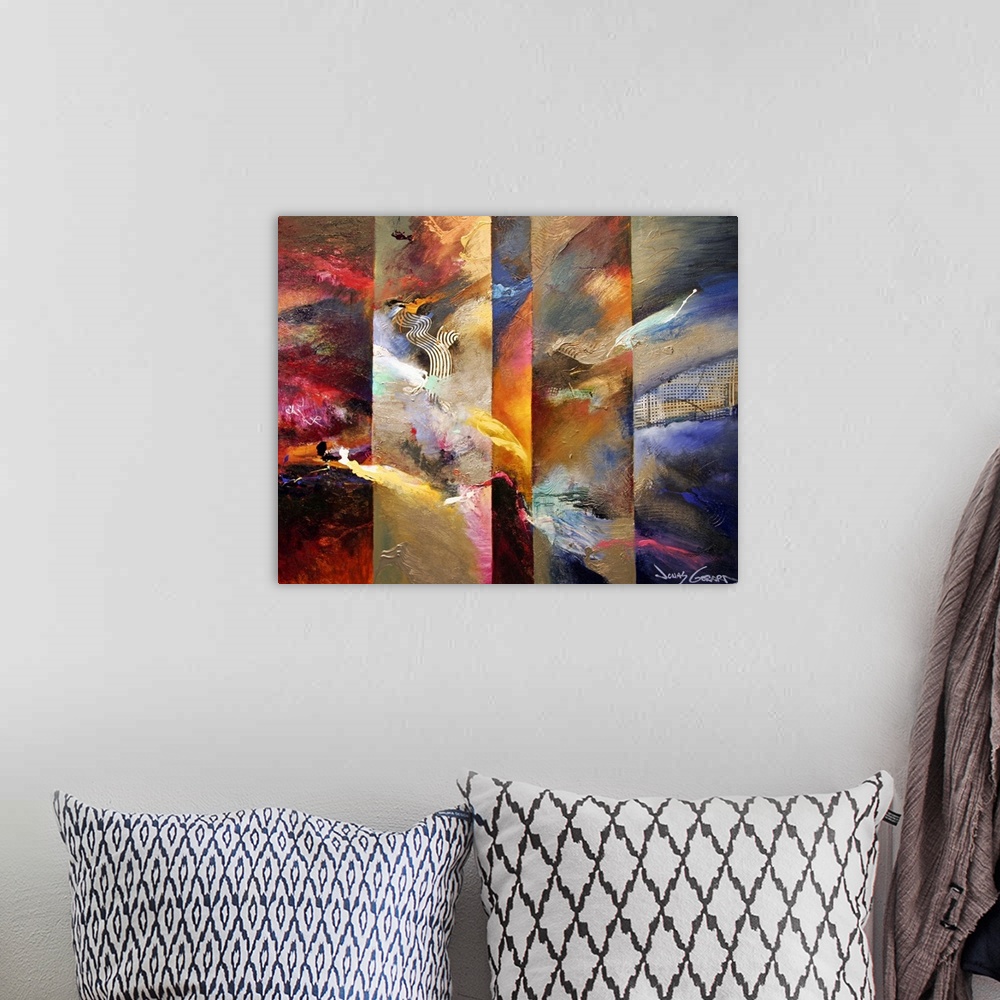 A bohemian room featuring Abstract art piece of several distinct panels with different colors and brushstrokes on them to c...