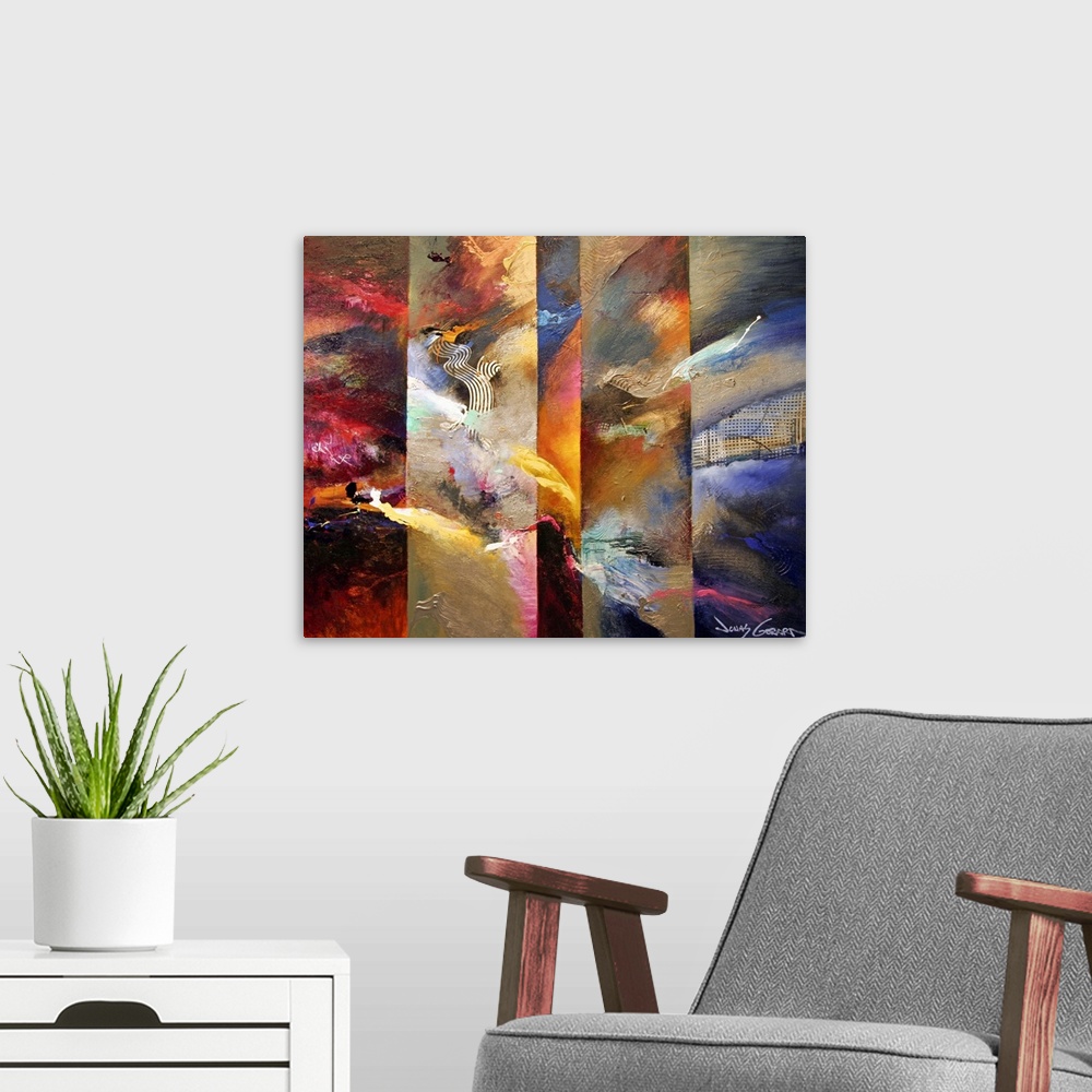 A modern room featuring Abstract art piece of several distinct panels with different colors and brushstrokes on them to c...