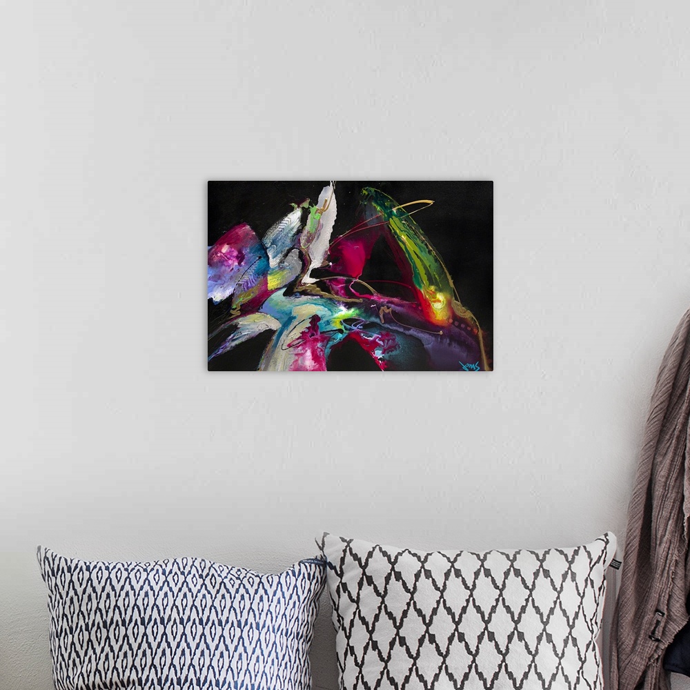 A bohemian room featuring Contemporary abstract painting of brightly colored shapes on a dark backdrop.