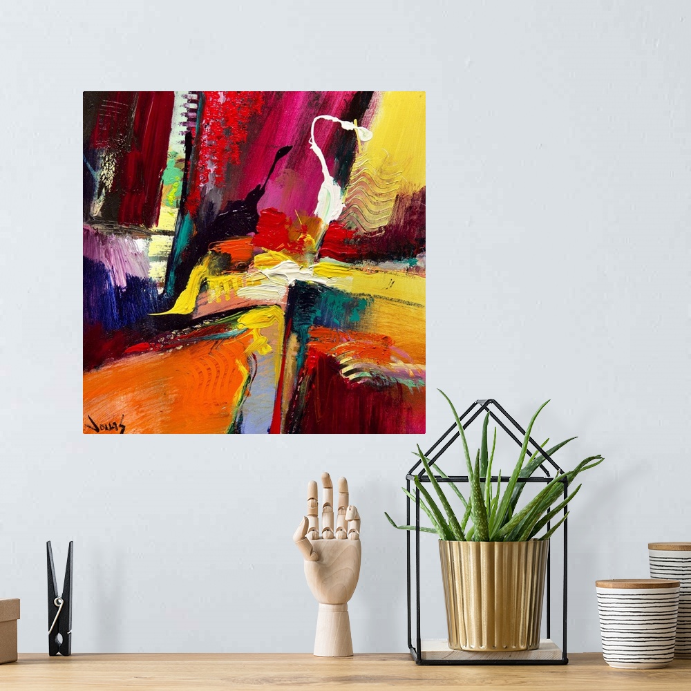 A bohemian room featuring Contemporary abstract painting using wild and vivid colors to create movement and depth.