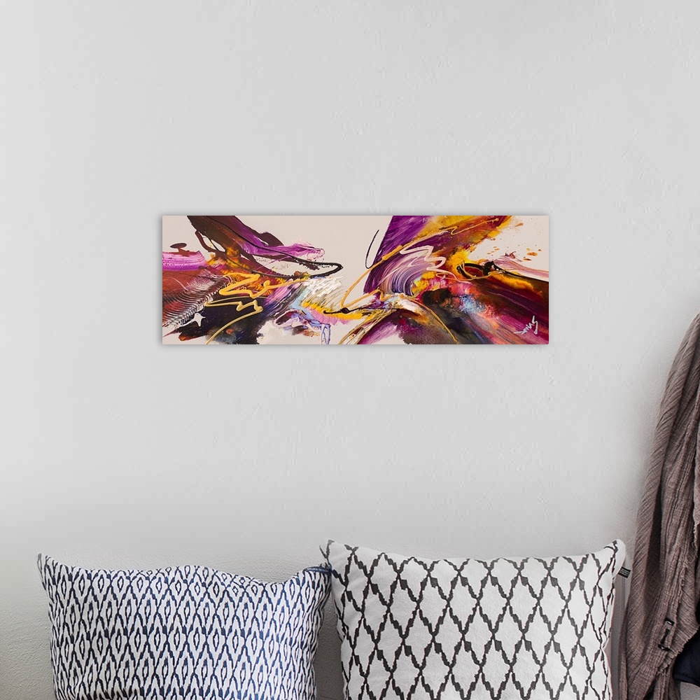 A bohemian room featuring Contemporary abstract painting using vibrant purple and gold tones converging toward the center o...