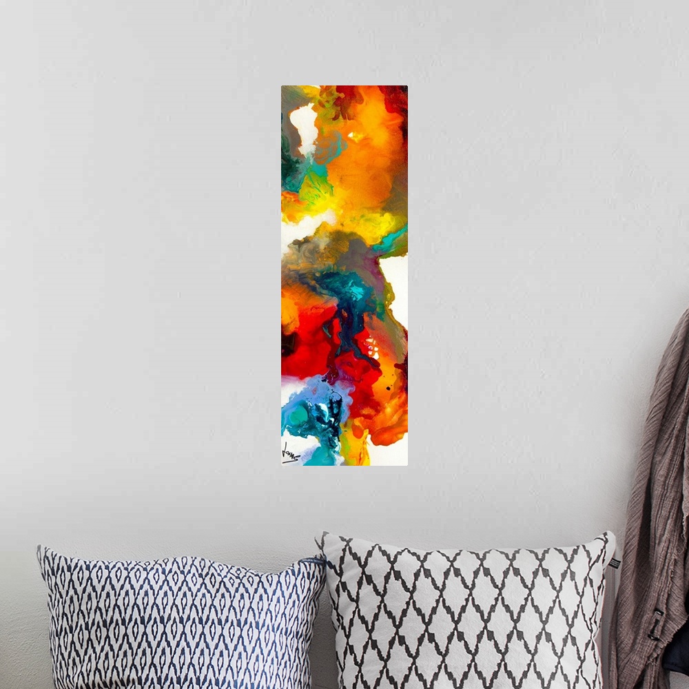 A bohemian room featuring This is a narrow vertical panoramic shaped painting of a vivid blend of wet paints creating a swi...
