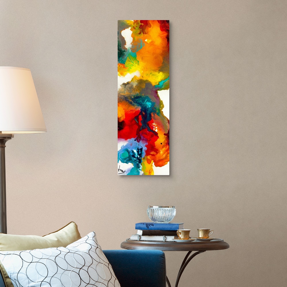 A traditional room featuring This is a narrow vertical panoramic shaped painting of a vivid blend of wet paints creating a swi...