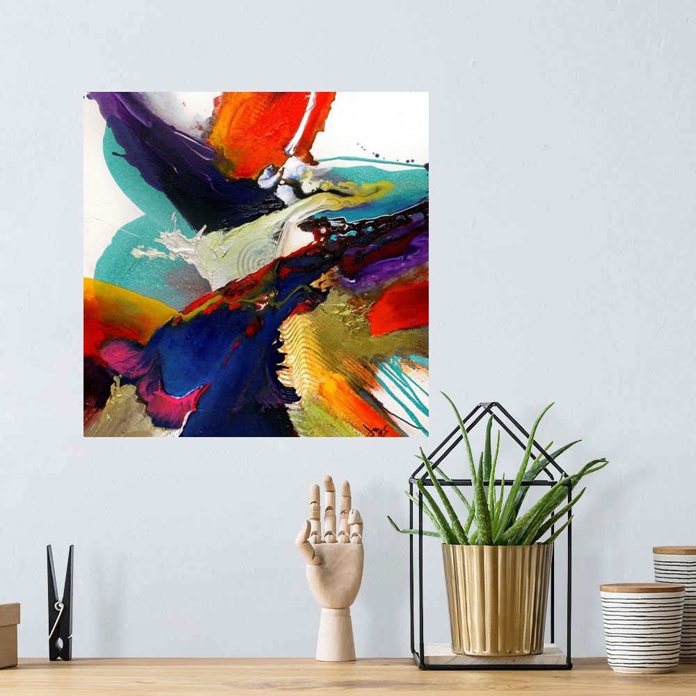 A bohemian room featuring This highly energetic square wall art was created by layering splattered paint to create this con...