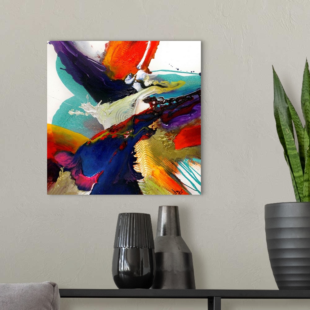 A modern room featuring This highly energetic square wall art was created by layering splattered paint to create this con...