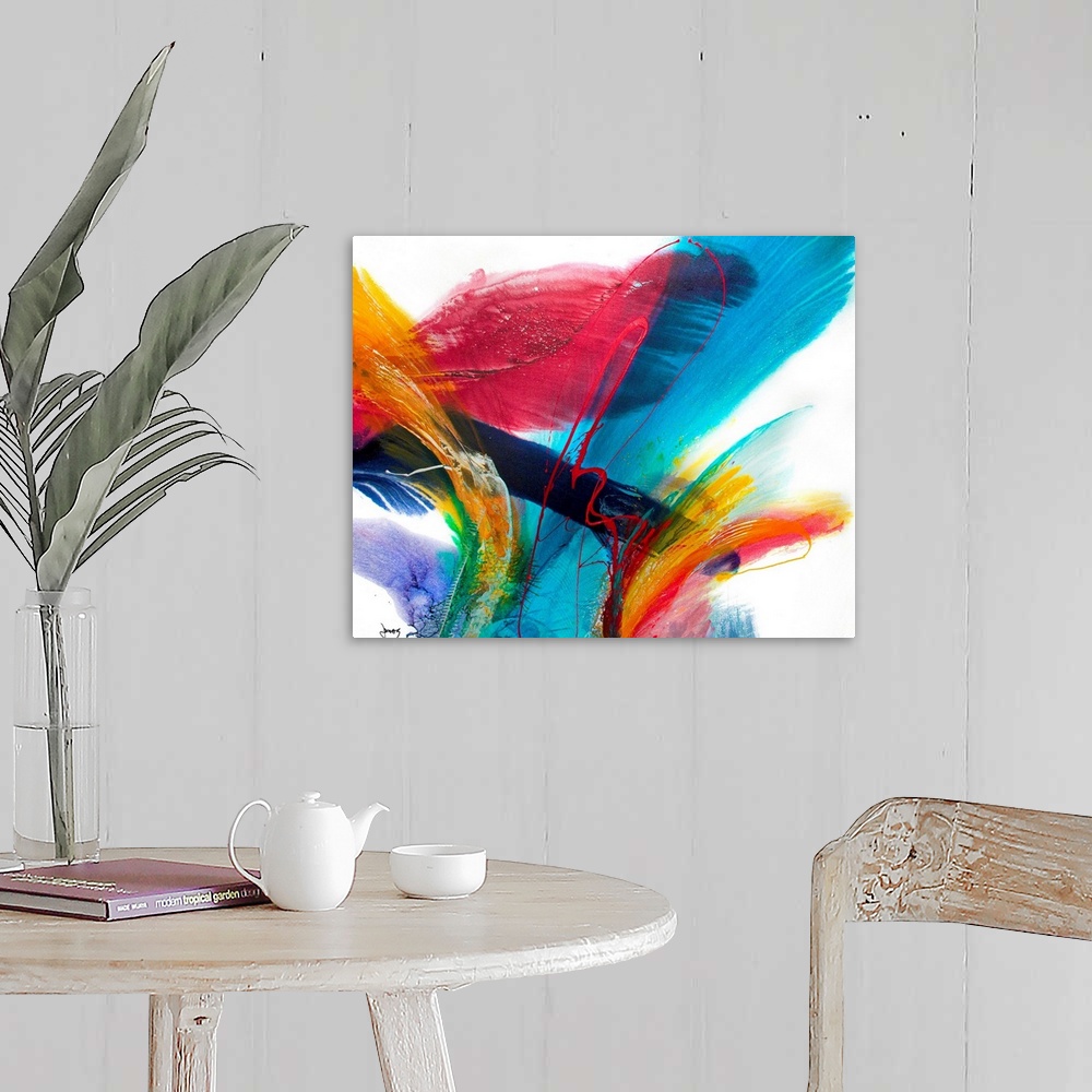 A farmhouse room featuring An abstract painting on a square canvas this artwork has a great sense of energy and motion.