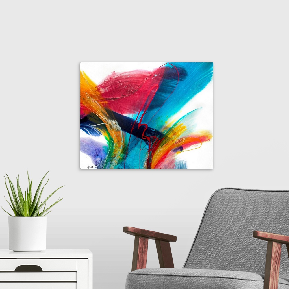 A modern room featuring An abstract painting on a square canvas this artwork has a great sense of energy and motion.