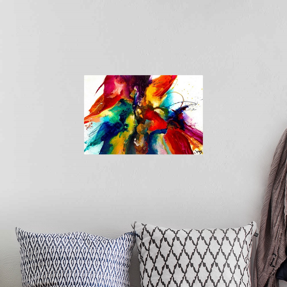 A bohemian room featuring Intense explosion of abstract paint splatters and bleeding colors. This contemporary art work has...