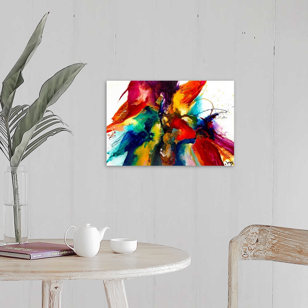 A farmhouse room featuring Intense explosion of abstract paint splatters and bleeding colors. This contemporary art work has...