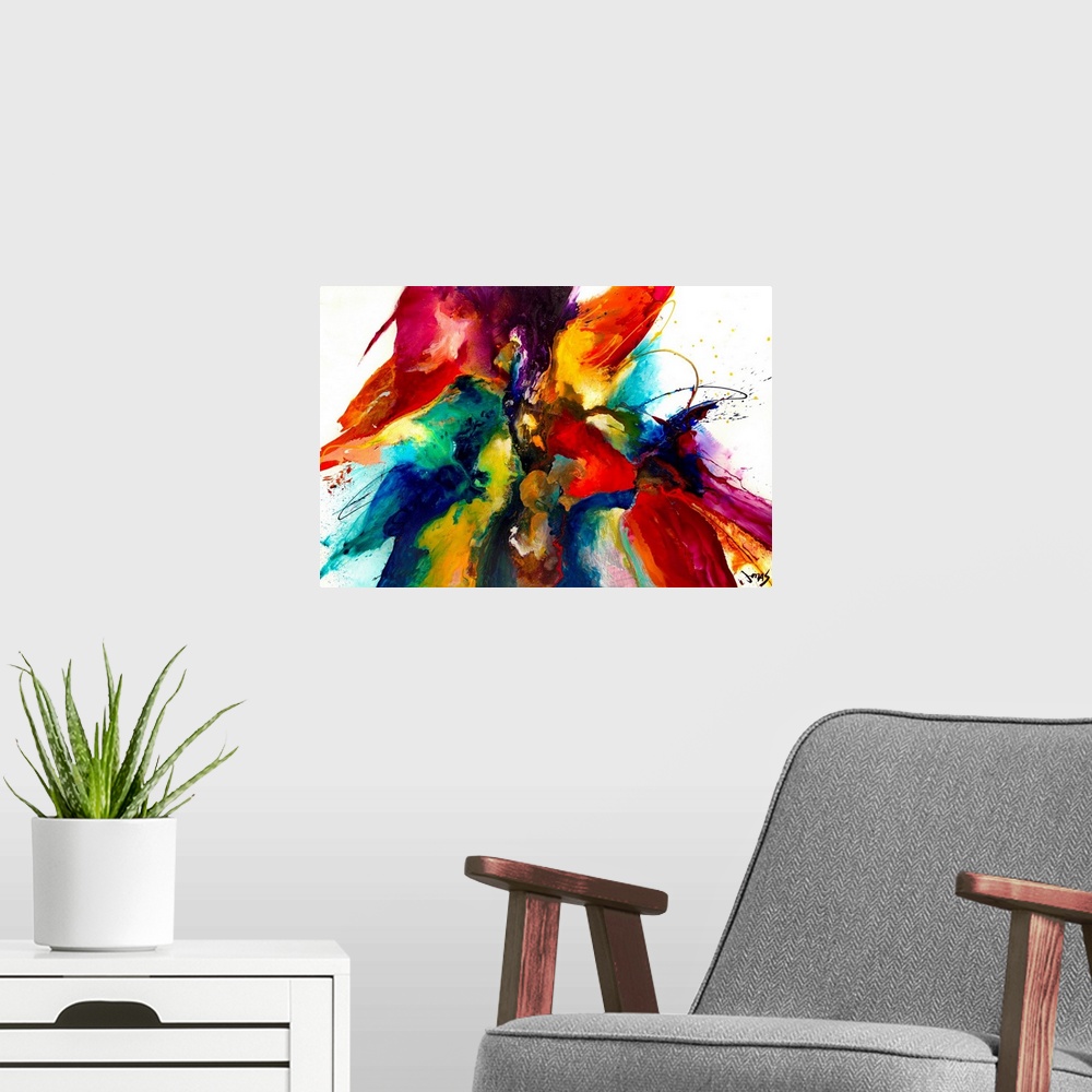 A modern room featuring Intense explosion of abstract paint splatters and bleeding colors. This contemporary art work has...