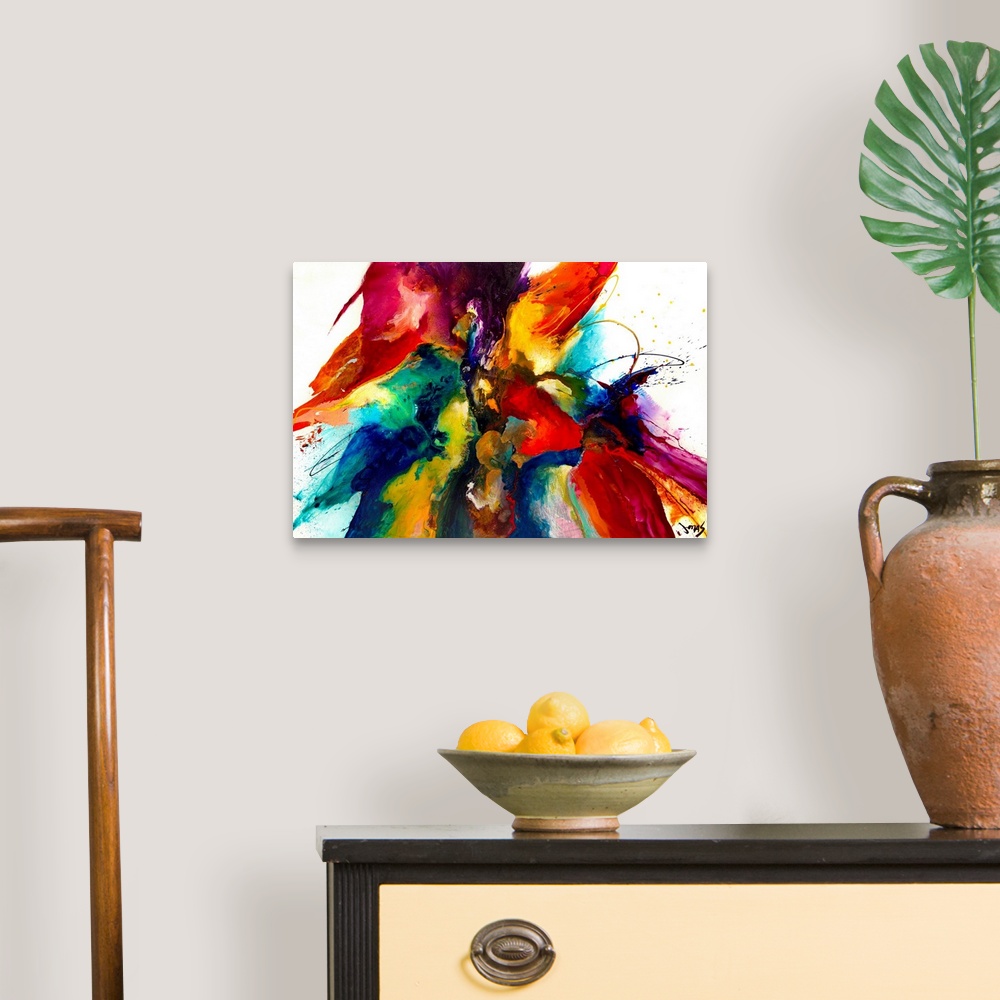 A traditional room featuring Intense explosion of abstract paint splatters and bleeding colors. This contemporary art work has...
