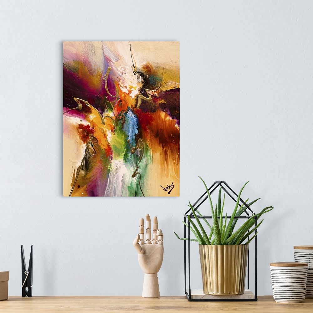 A bohemian room featuring Contemporary abstract painting using a convergence of textures and tones spanning the gamut of co...