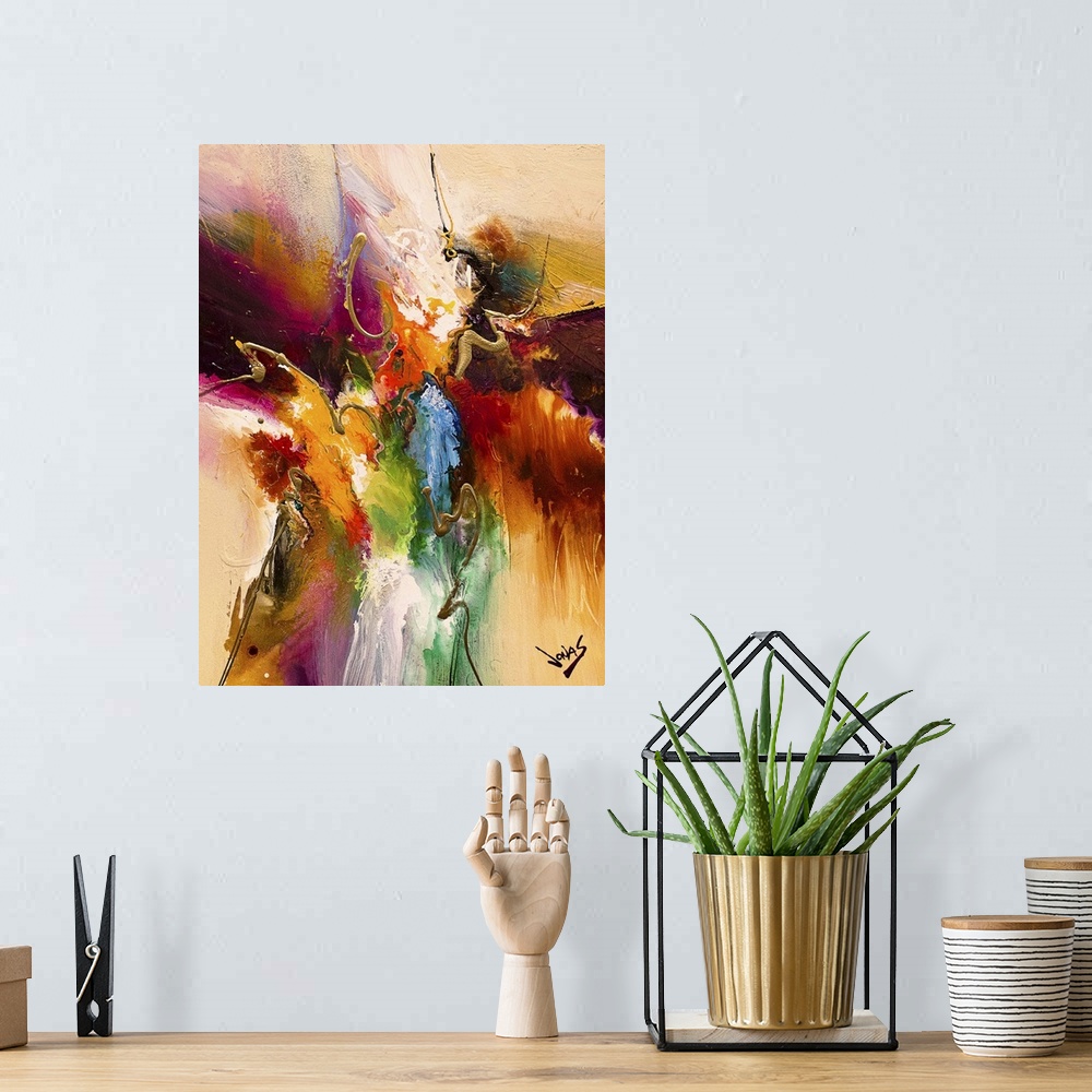 A bohemian room featuring Contemporary abstract painting using a convergence of textures and tones spanning the gamut of co...