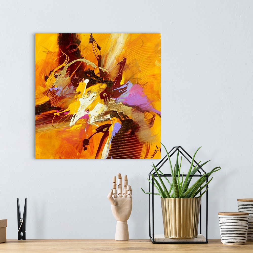 A bohemian room featuring This square abstract painting is an energetic frenzy of brush strokes, scrapes, and splatters cre...