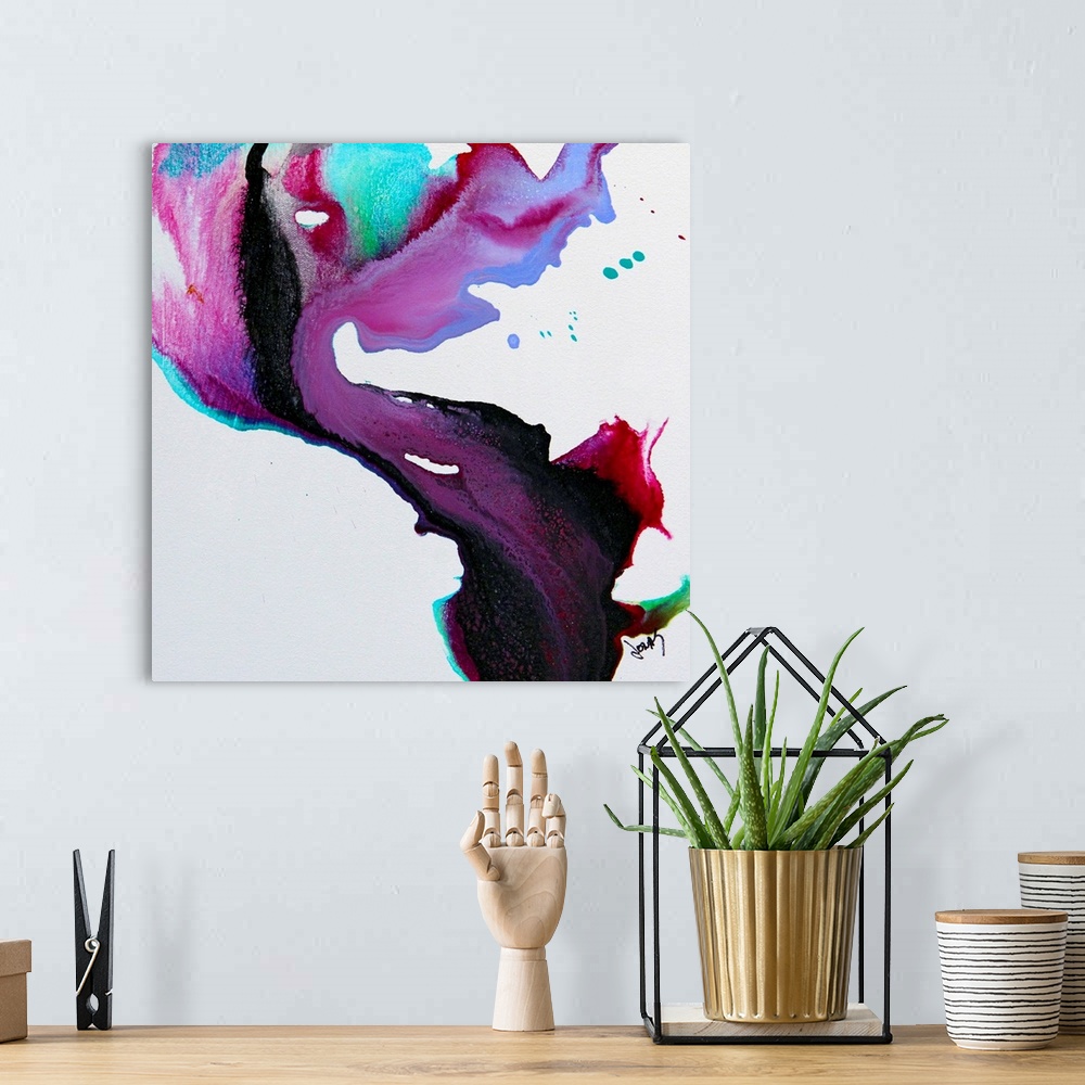 A bohemian room featuring Giant abstract art composed of cool tones cascading down the face of the canvas in a curved line ...