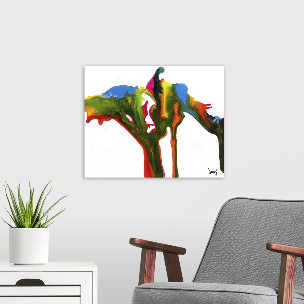 A modern room featuring Abstract artwork of vibrant colors that have bled together and drip down toward the bottom of the...