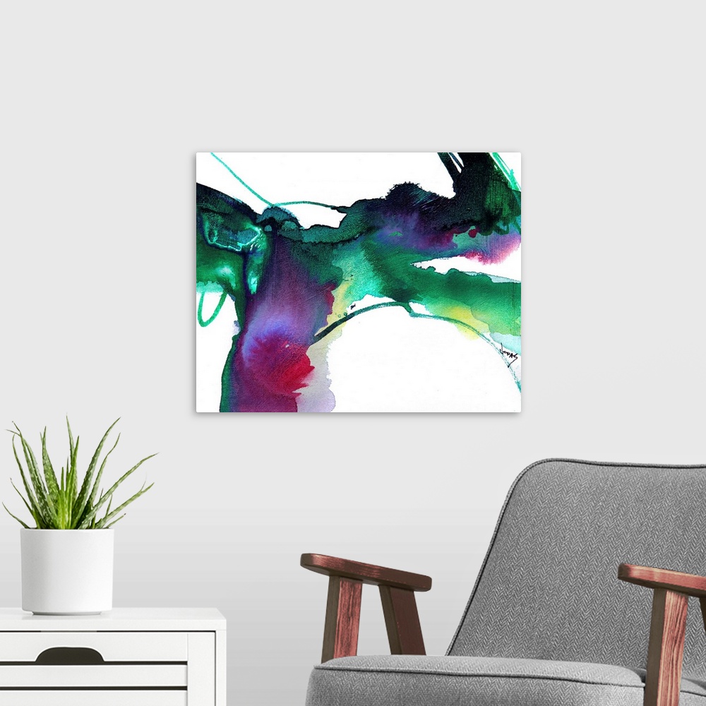 A modern room featuring Contemporary abstract painting with splashes of bold emerald color on a plain background, full of...