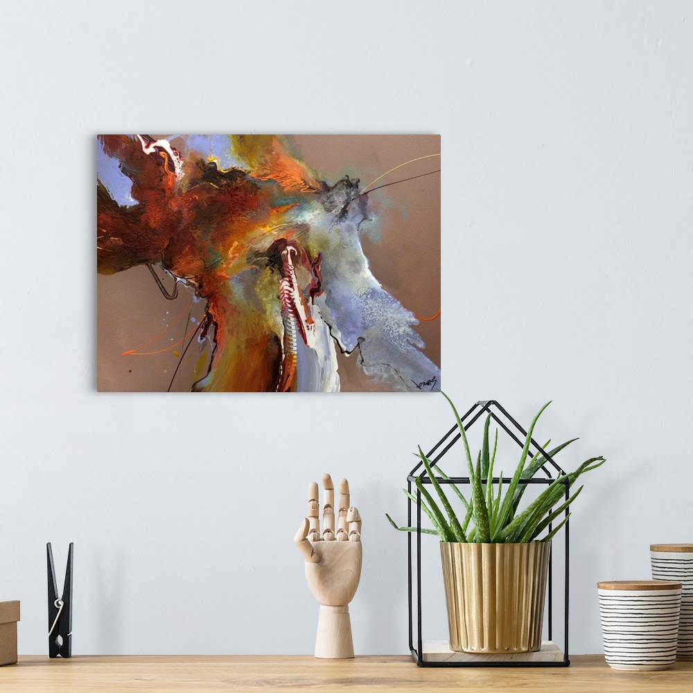 A bohemian room featuring Contemporary abstract painting of depicting paint splashed onto a canvas with thin lines of paint...